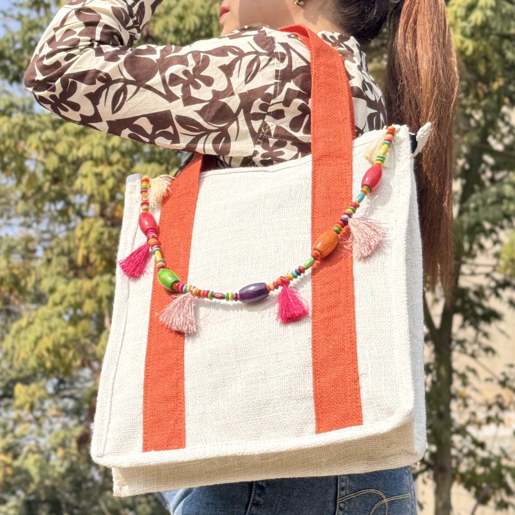 Jute Bag with Dark Green Strip