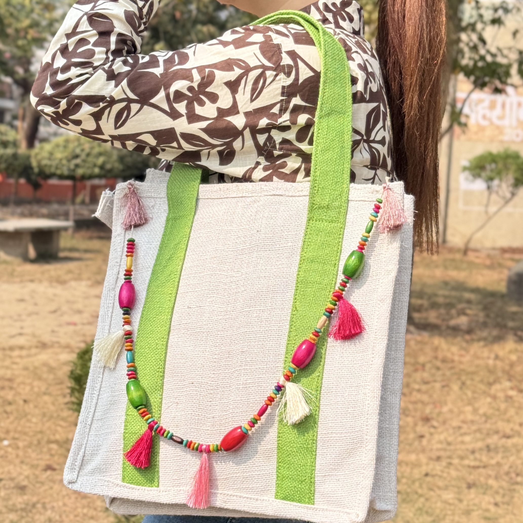 Jute Bag with Light Green Strip